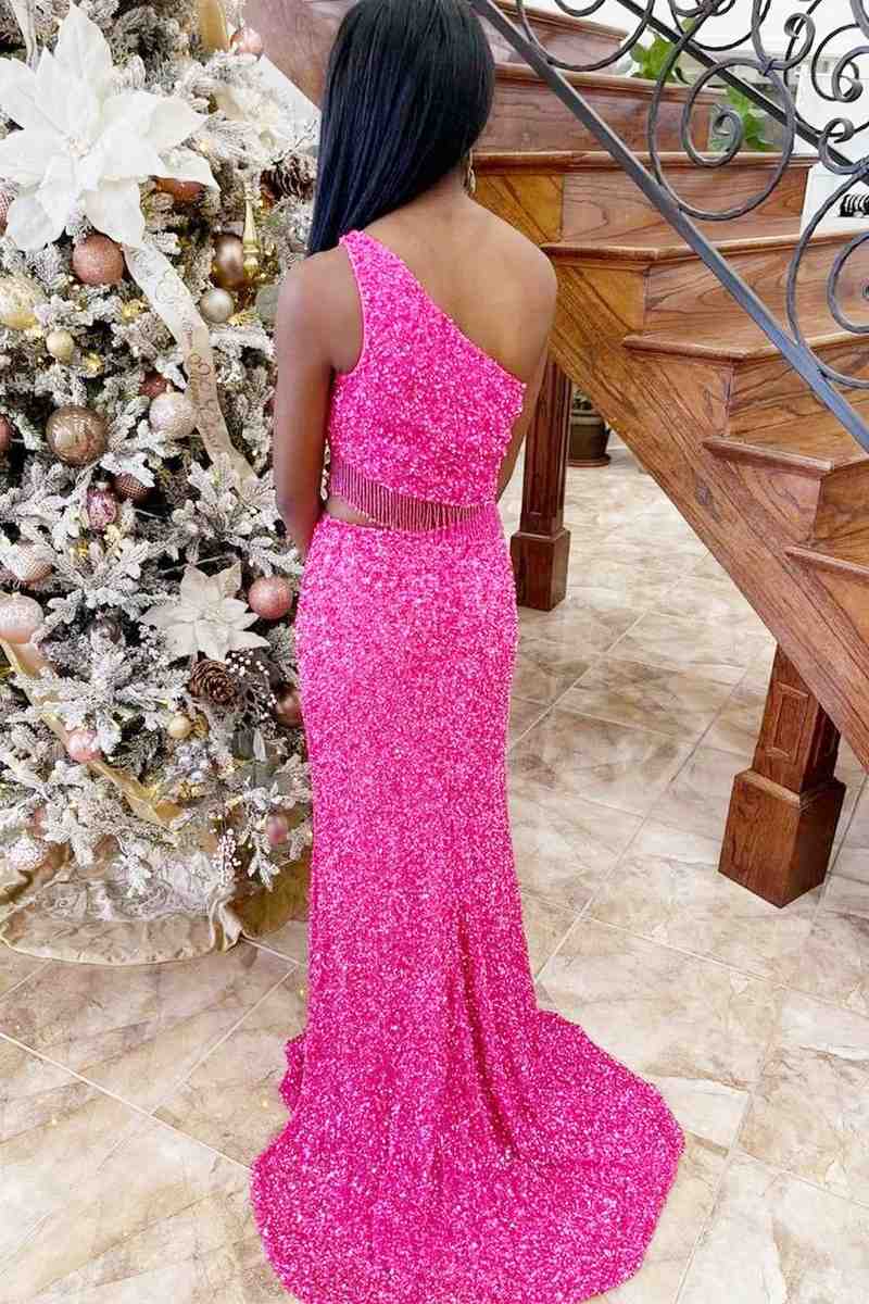 Vestido de fiesta largo de un solo hombro con lentejuelas de dos piezas verde y borlas, vestidos de gala elegantes