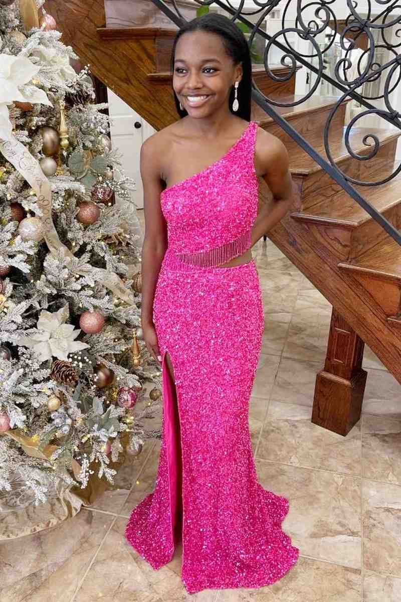 Vestido de fiesta largo de un solo hombro con lentejuelas de dos piezas verde y borlas, vestidos de gala elegantes