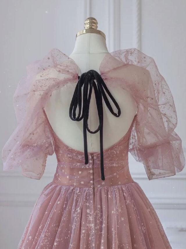 Vestido de fiesta largo de tul con encaje rosa en forma de A, vestido formal de encaje rosa