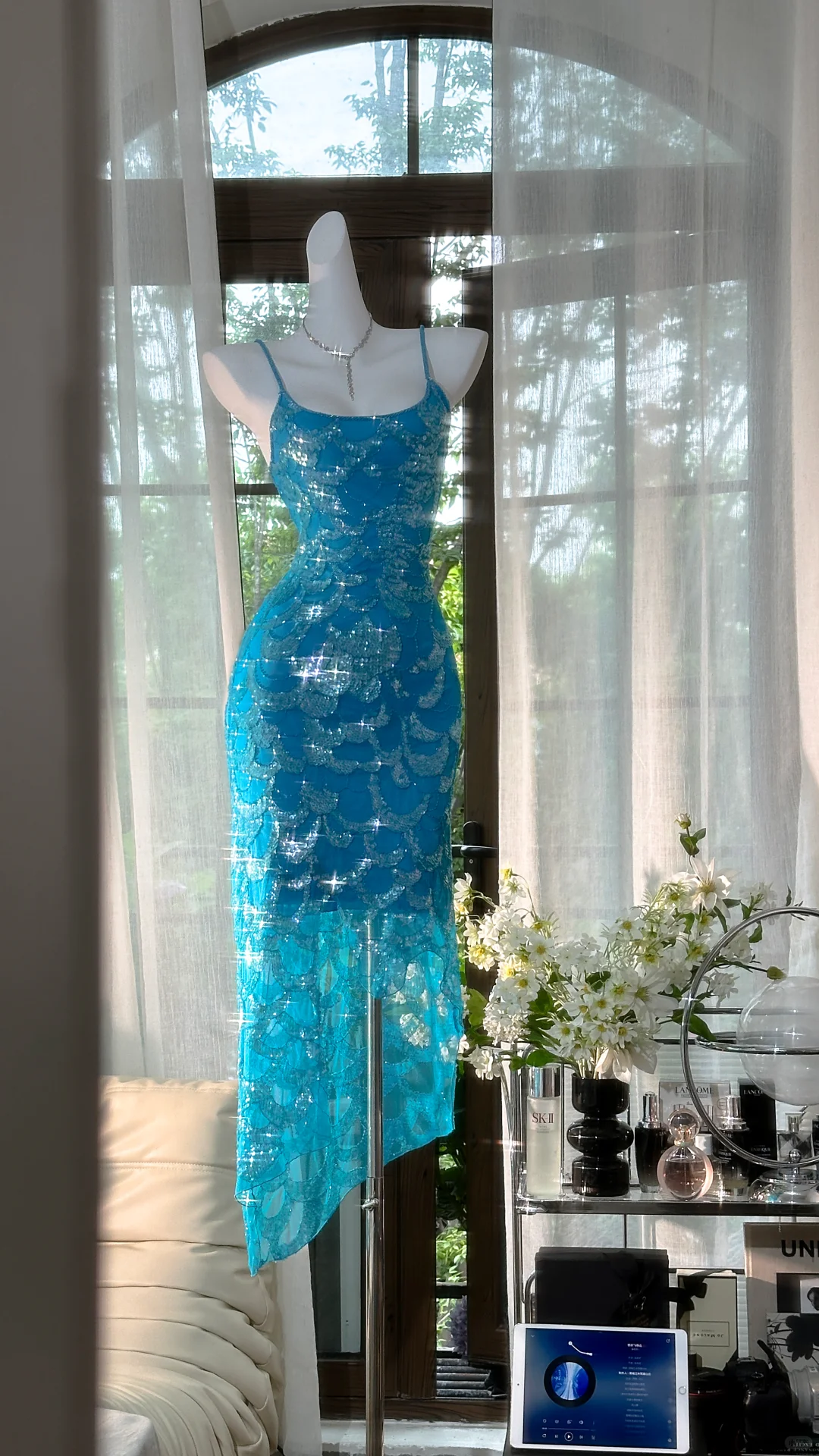 Vestido de noche romántico con tirantes finos, estilo sirena azul vintage, largo de gasa brillante, TP3962