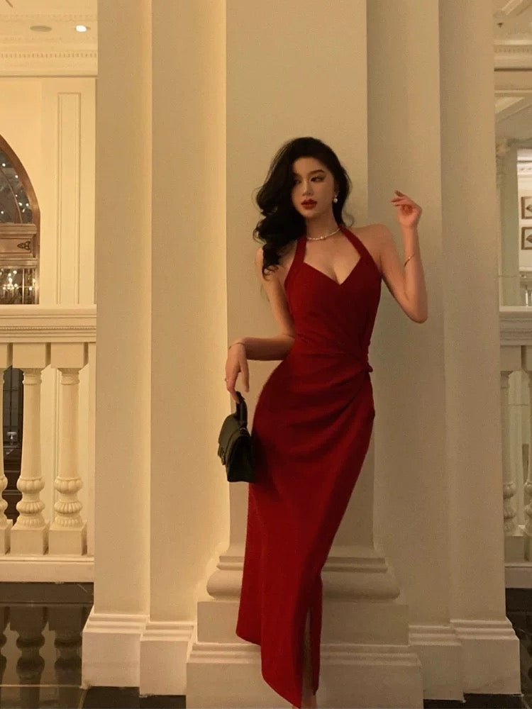 Vestidos de fiesta rojos sin mangas con cuello halter y escote en V sexys, vestidos de fiesta de verano para cumpleaños, vestidos de cumpleaños W810