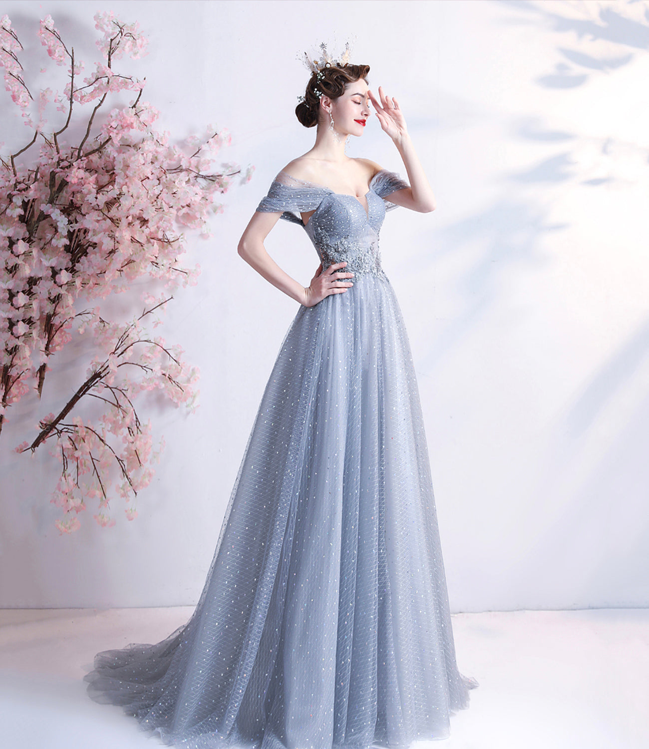 Gray tulle long A line prom dress gray evening dress 8770
