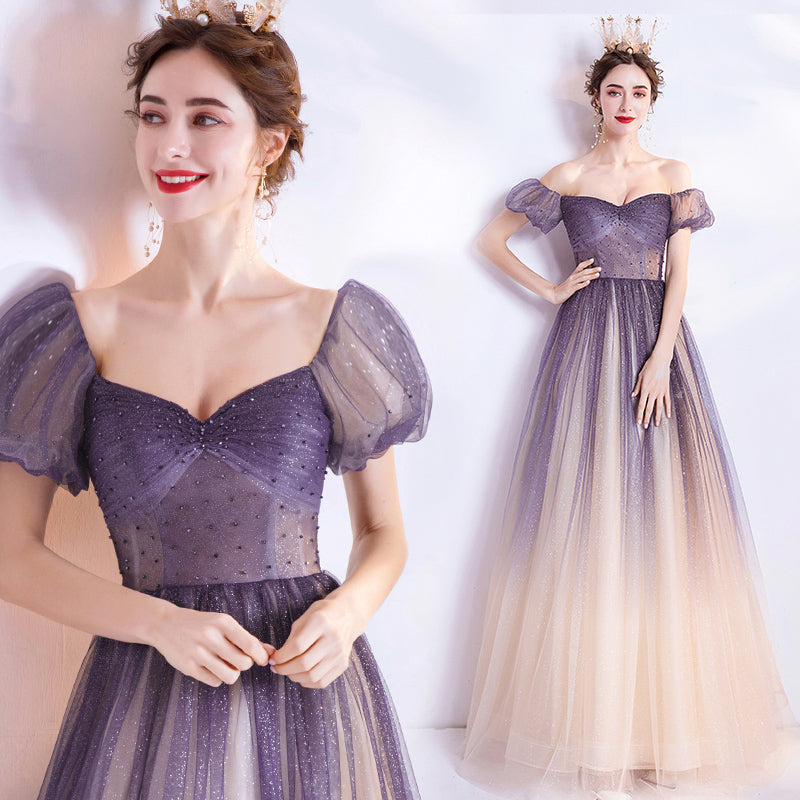 Purple tulle long A line prom dress evening dress 8771