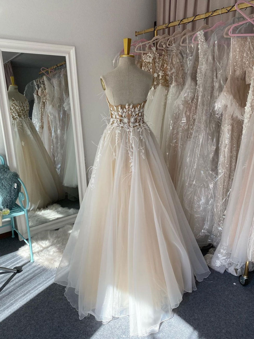 Champagne A-line Tulle Strapless Wedding Dresses, Beach Bridal Gown PW468