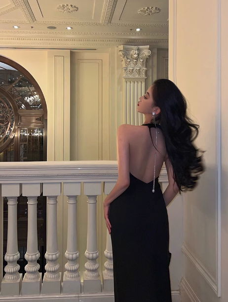 Vestido negro de sirena sexy con cuello halter y espalda descubierta para fiesta de cumpleaños número 21, ideas para vestidos de cumpleaños para mujeres (DP2315)