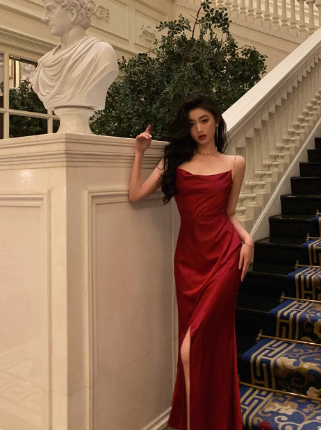 Vestido rojo sexy de sirena con tirantes finos para cumpleaños número 21. Ideas de vestidos de cumpleaños para mujeres (DP2317)