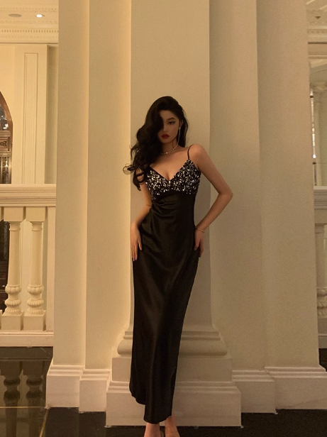 Vestido negro sexy de sirena con tirantes finos para cumpleaños número 18, ideas para vestidos de cumpleaños para mujeres (DP2323)