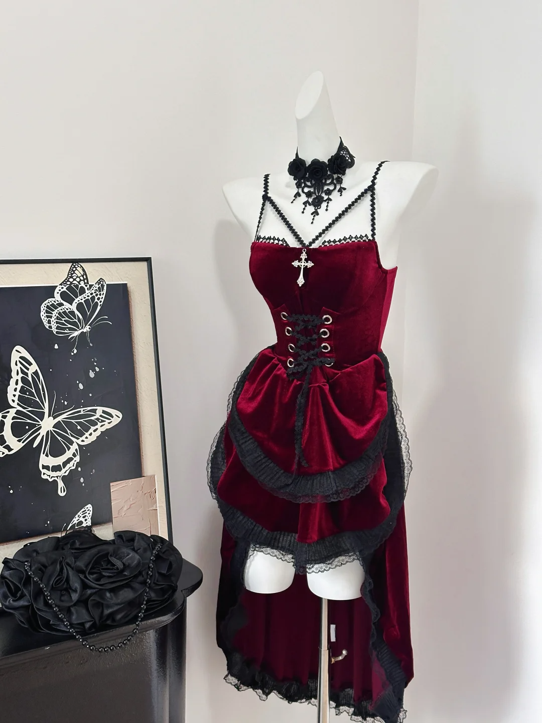 Pretty Red Velvet Lace Layered Birthday Dress Spaghetti Straps Short Graduation Homecoming Dress S634
