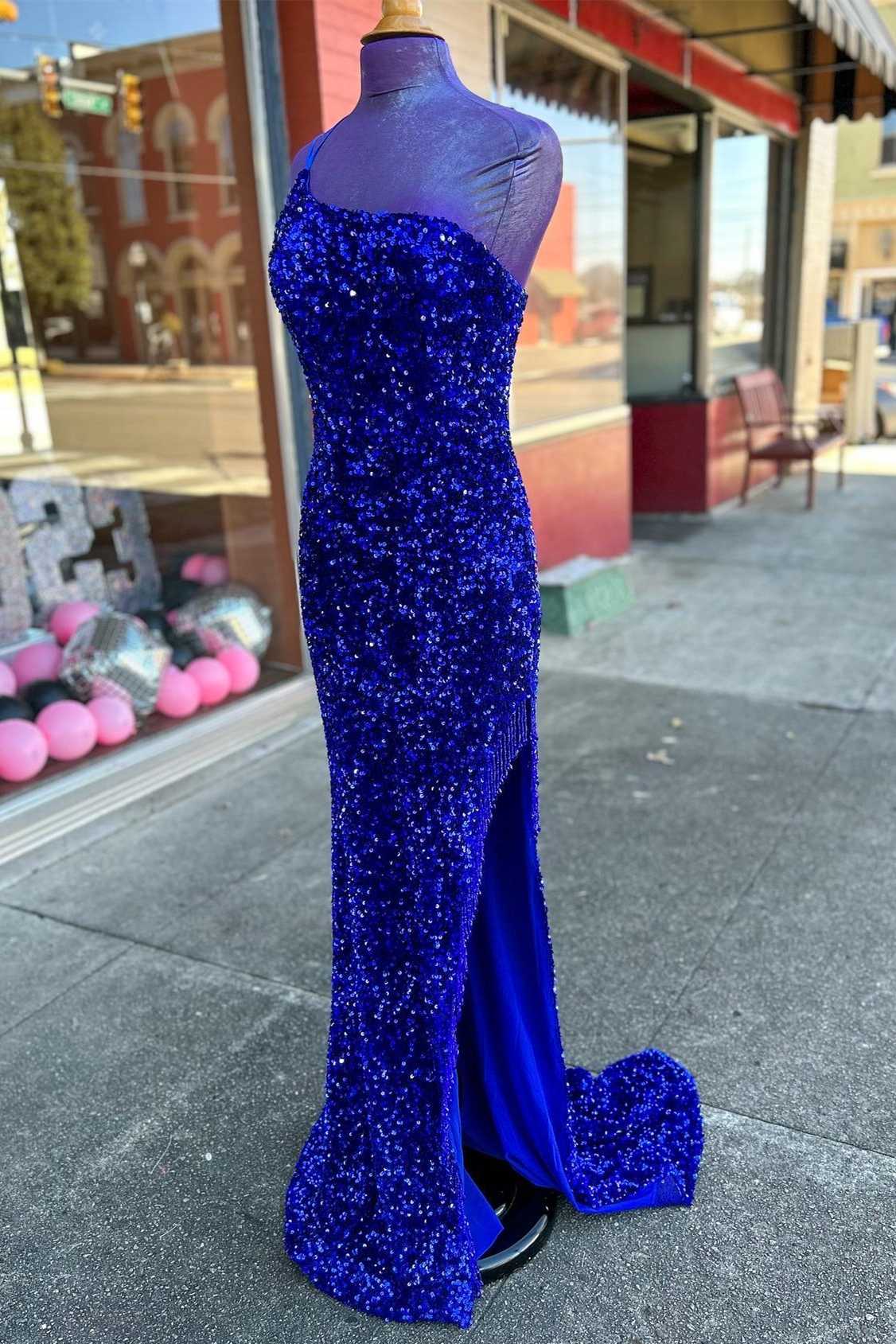 Vestido de fiesta largo azul real con lentejuelas, un hombro descubierto, espalda descubierta y abertura, vestido de fiesta de noche
