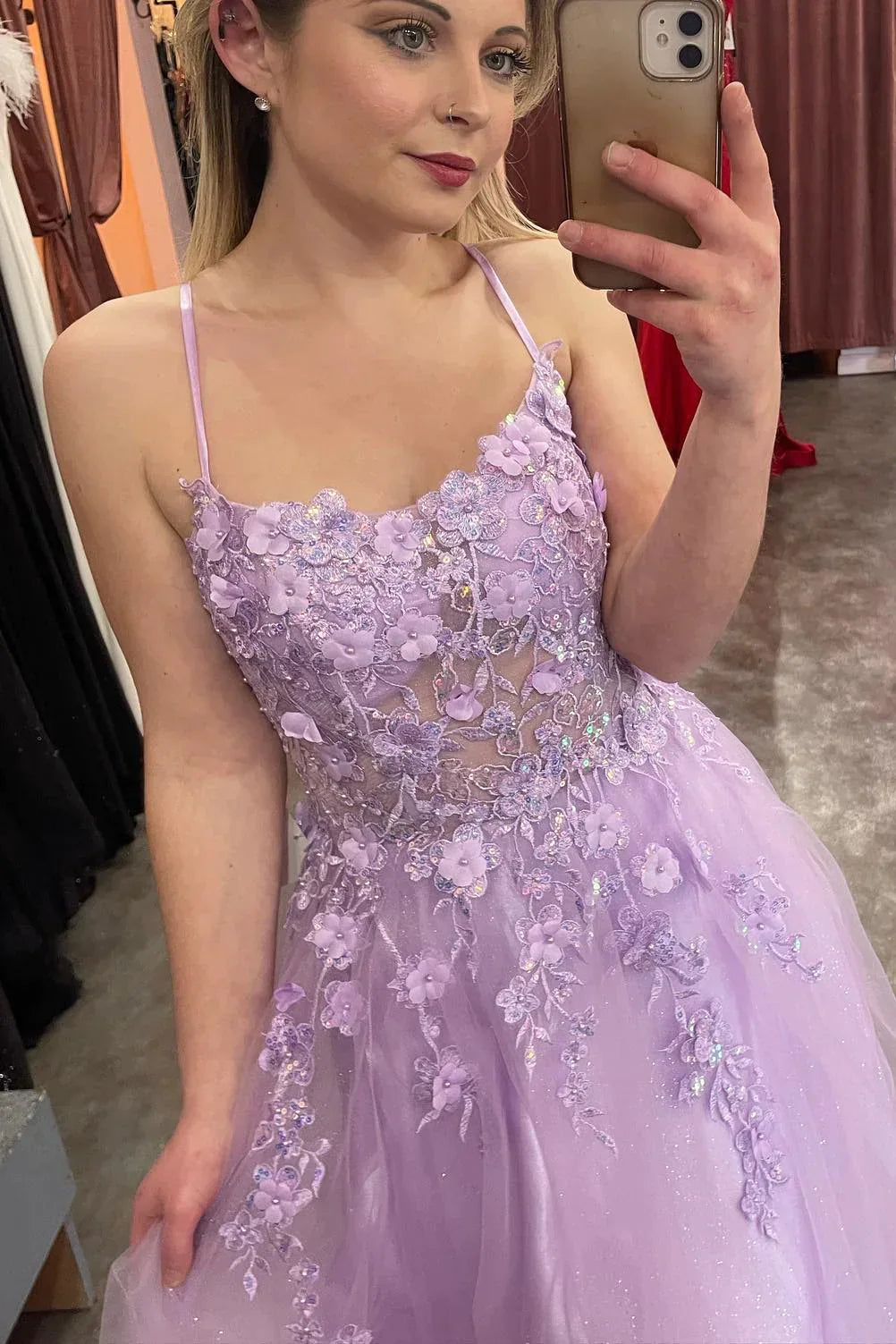 Spaghetti Straps Tulle Lilac Floral Prom Dress, Long Evening Dress GP621