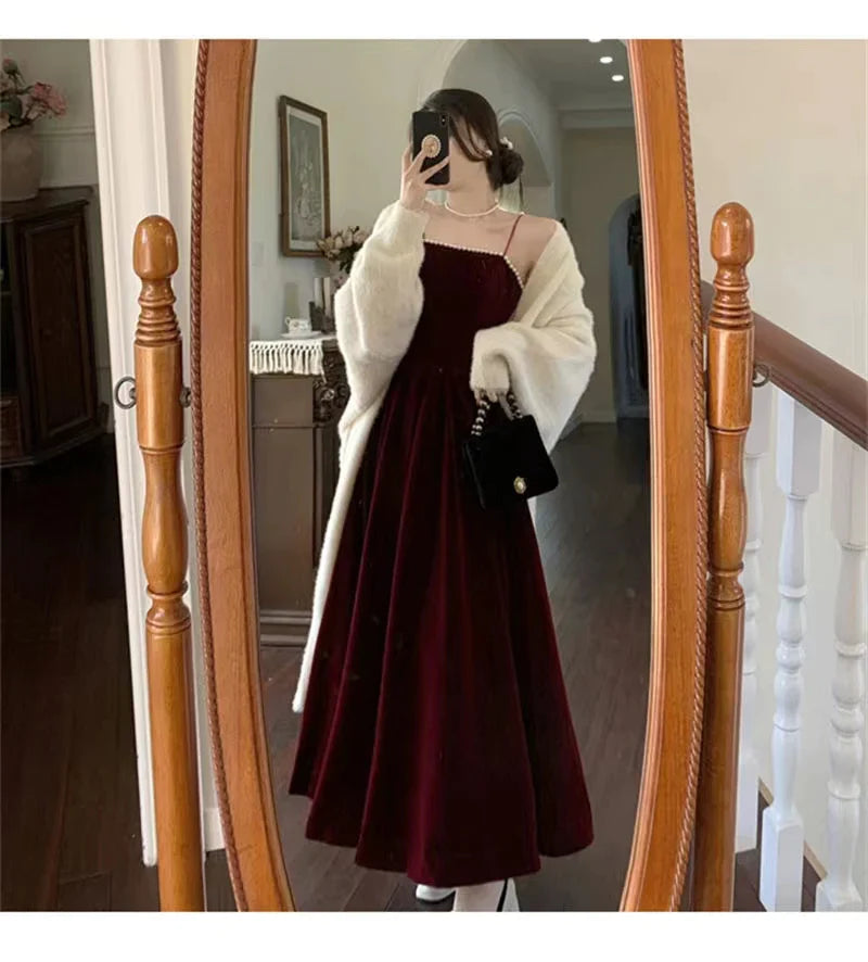 Vestido de fiesta de terciopelo burdeos con tirantes finos, sencillo, para boda, largo