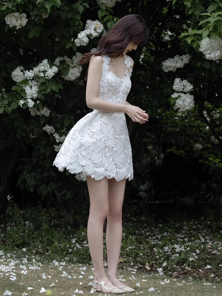 Vestido de fiesta retro blanco con apliques, sin mangas, corte A, para regreso a casa, TP3946