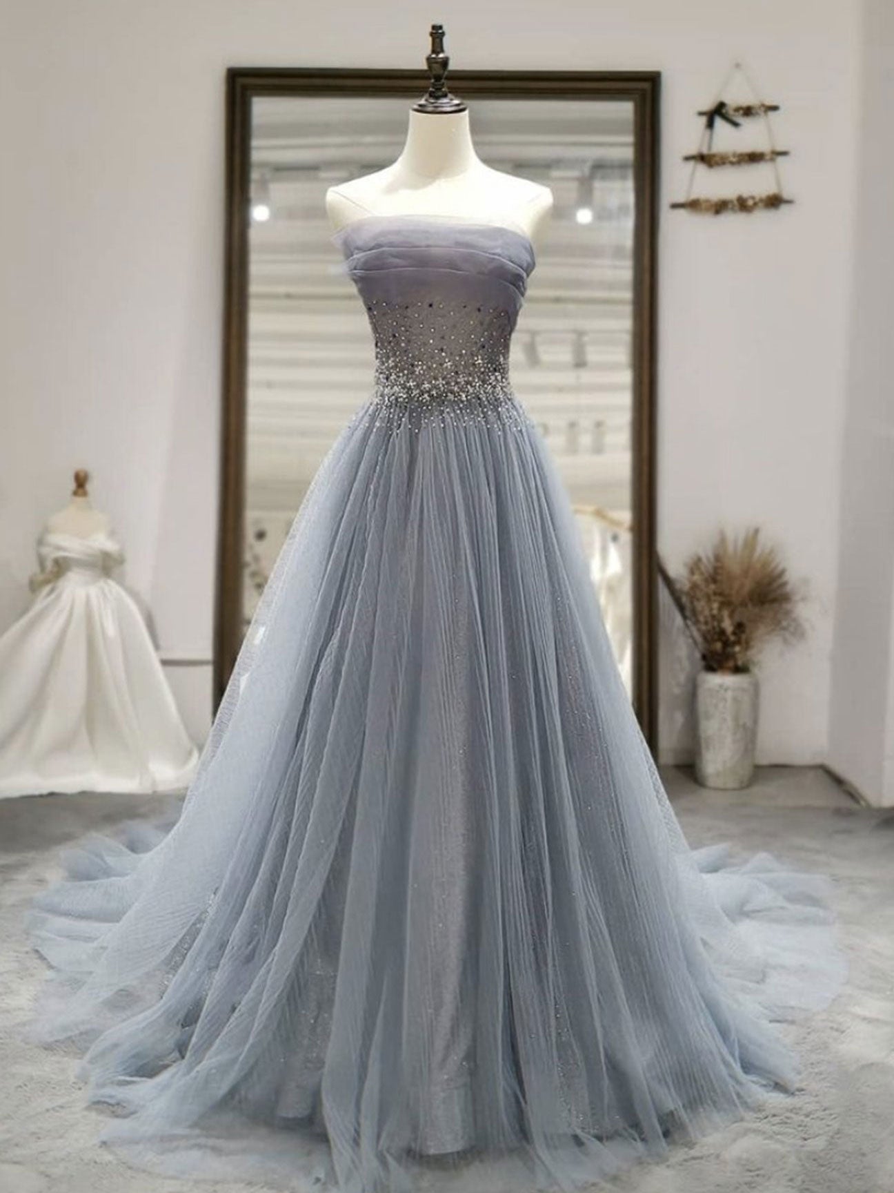 Vestido de fiesta largo de tul gris con lentejuelas, vestido formal de tul gris