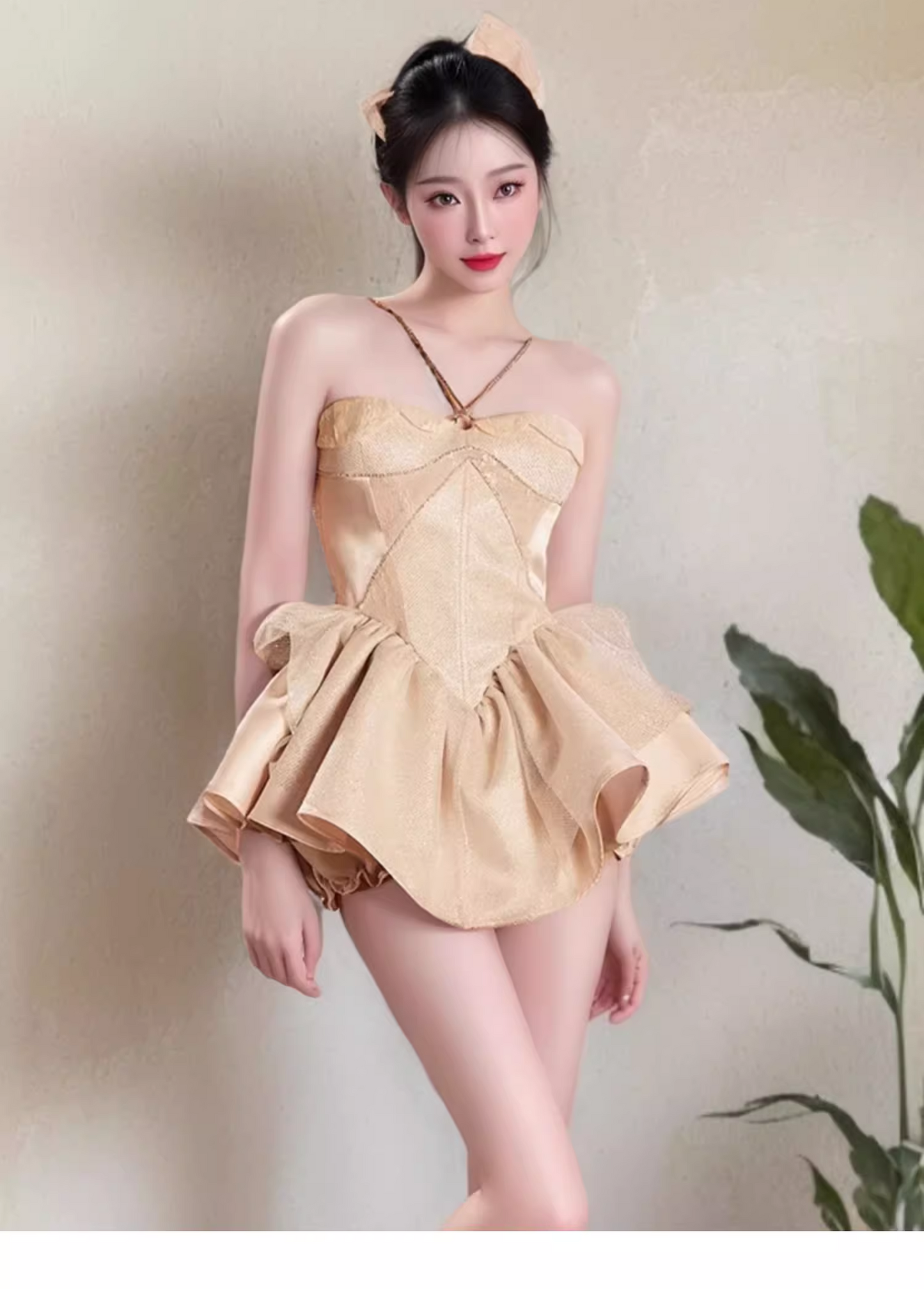 Vestido vintage dorado con cuello halter, corte A, de satén con volantes en el bajo, para fiesta de bienvenida, TP3831