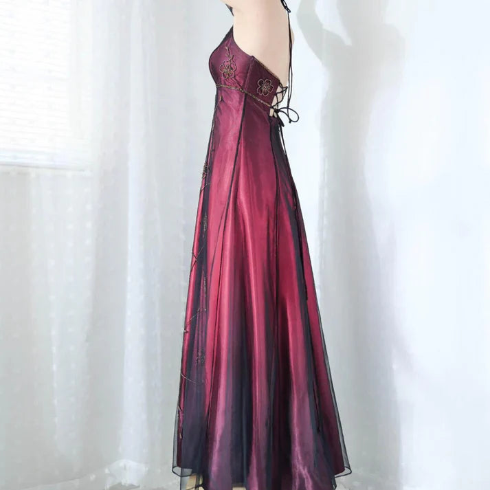 Vintag Burgundy Satin Halter-neck A-Line Prom Dress Party Dress Evening Dress TP4550