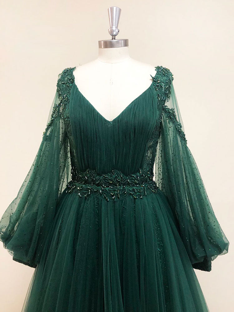 Vestido de fiesta largo de encaje con escote en V verde, vestido de noche de tul con manga larga