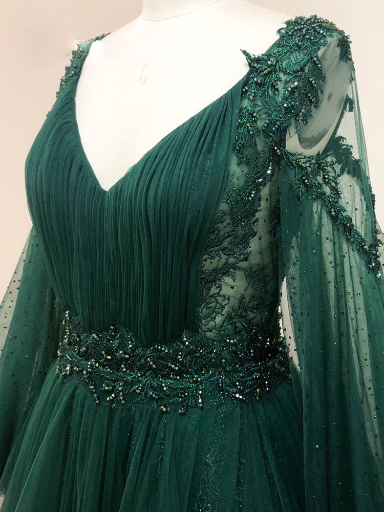 Vestido de fiesta largo de encaje con escote en V verde, vestido de noche de tul con manga larga