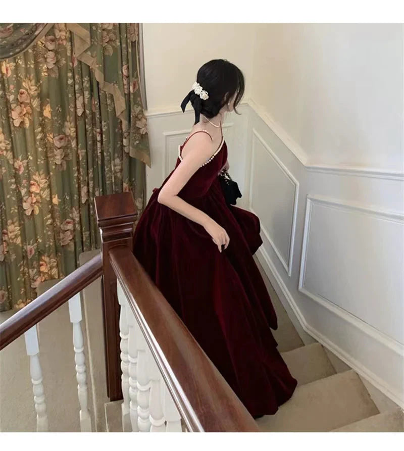 Vestido de fiesta de terciopelo burdeos con tirantes finos, sencillo, para boda, largo