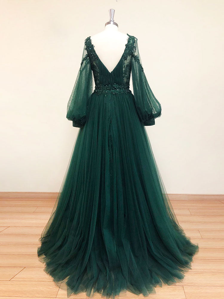 Vestido de fiesta largo de encaje con escote en V verde, vestido de noche de tul con manga larga