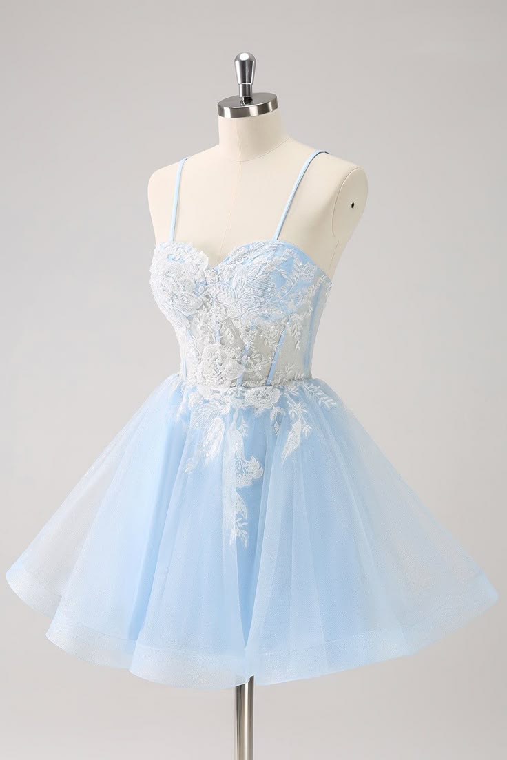 New Fashion Light Blue Flower Embroidery Design A-line Spaghetti Strap Homecoming Dress TP3416