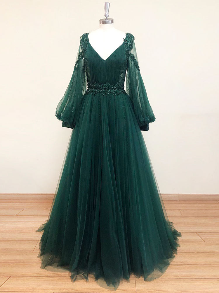 Vestido de fiesta largo de encaje con escote en V verde, vestido de noche de tul con manga larga
