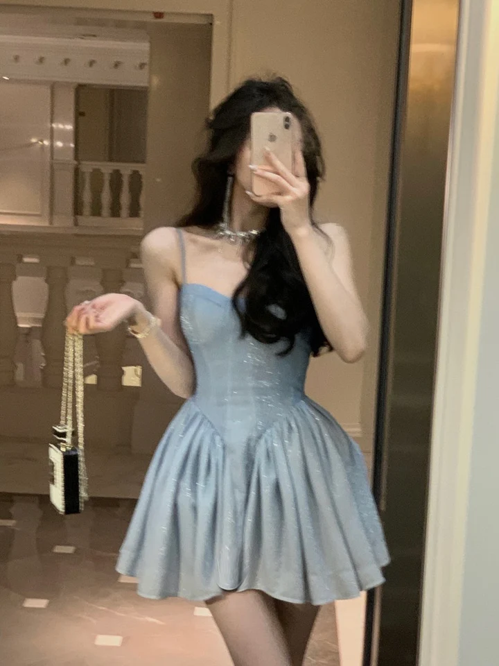 Shiny Blue Satin Sequin A Line Homecoming Dress Cocktail Dress Spaghetti Straps Birthday Outfits S489