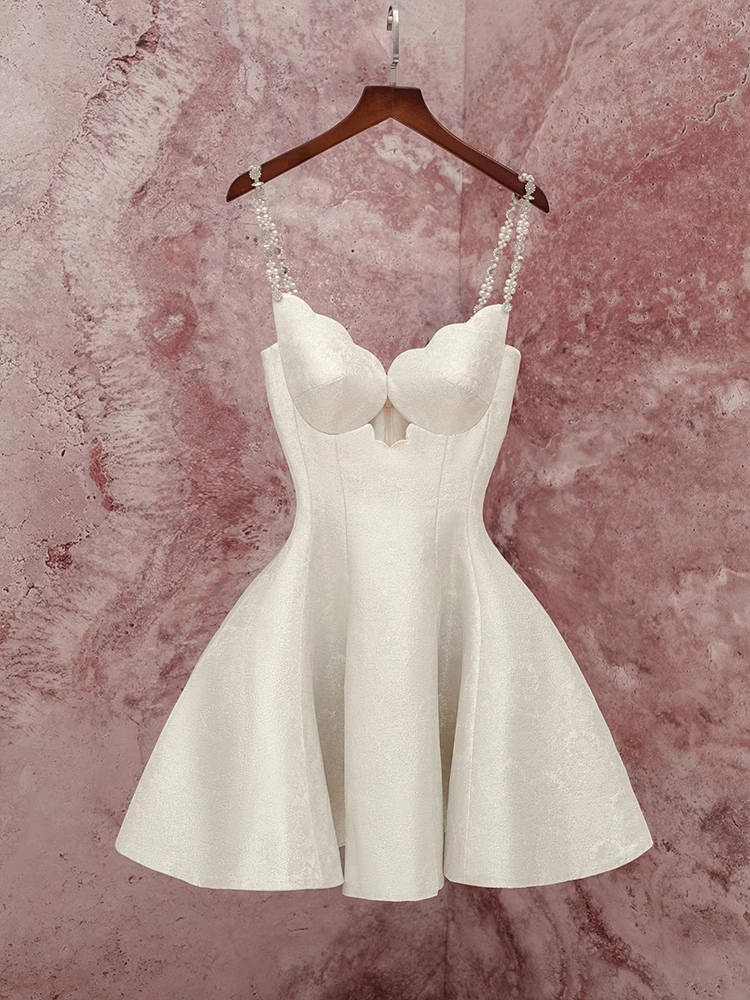 Fashion Beige Pearl Design A-line Spaghetti Strap Party Dress Homecoming Dress TP3834