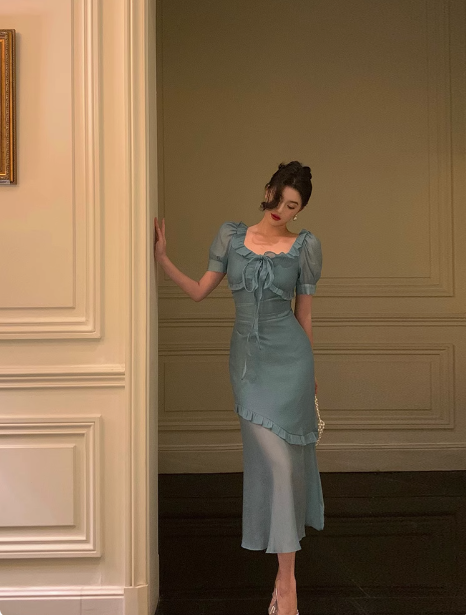 Vestido de fiesta azul de gasa con corte sirena y cuadrados, sexy, para 21 cumpleaños, atuendos de cumpleaños, ideas para vestidos de cumpleaños para mujeres, DP1881