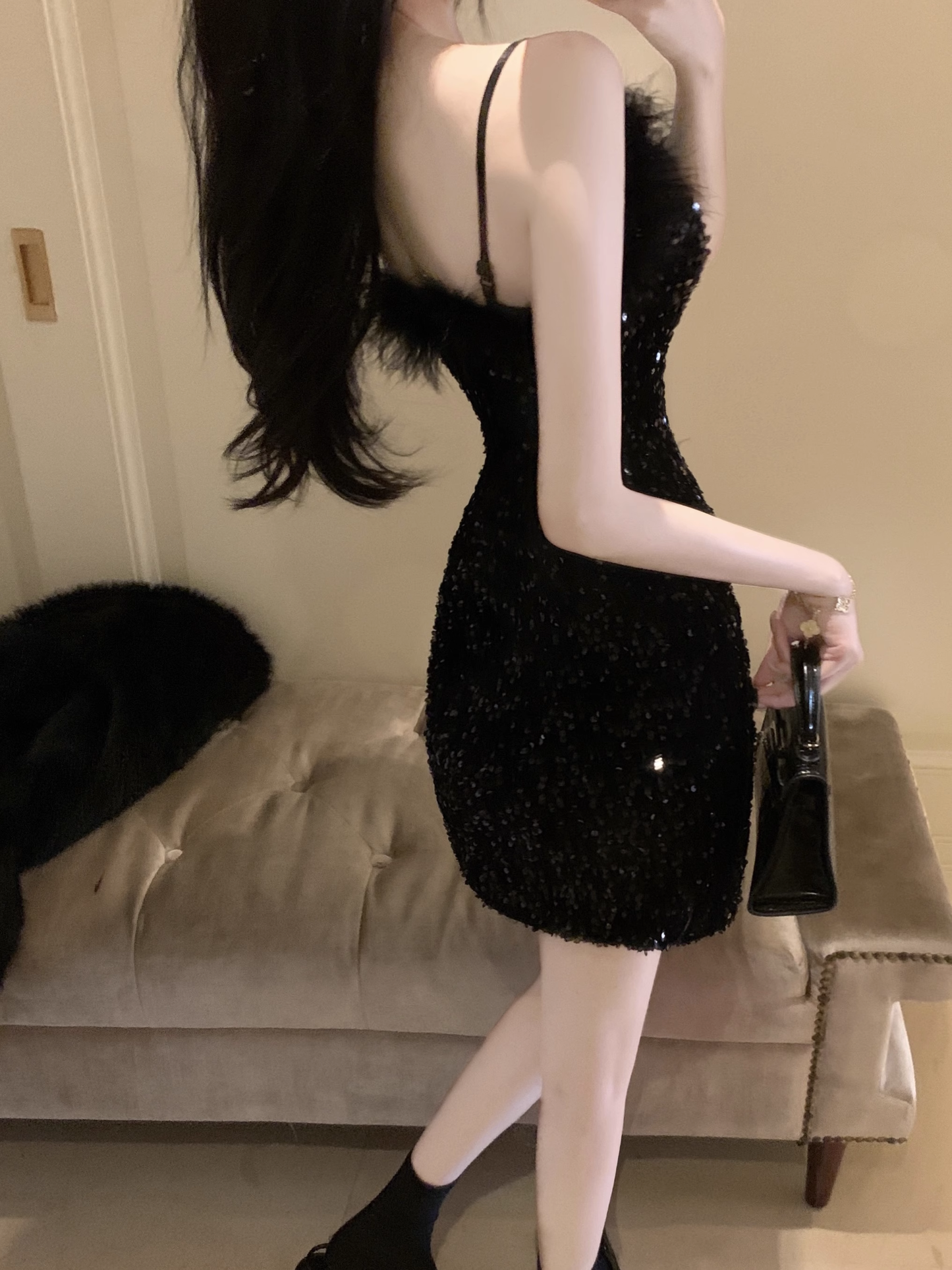 Vintage Black Sequin Bodycon Design A-line Spaghetti Strap Homecoming Dress TP3713