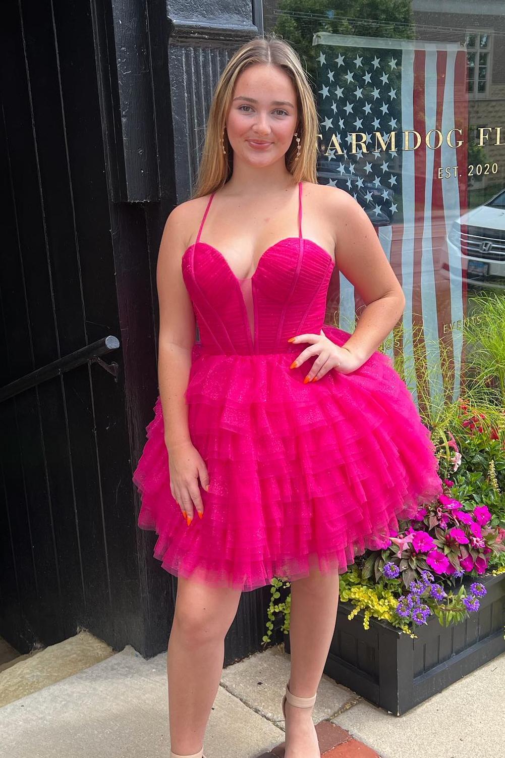 Straps Fuchsia Tulle Ruffle A-line Short Party Dress Homecoming Dress, AST1143