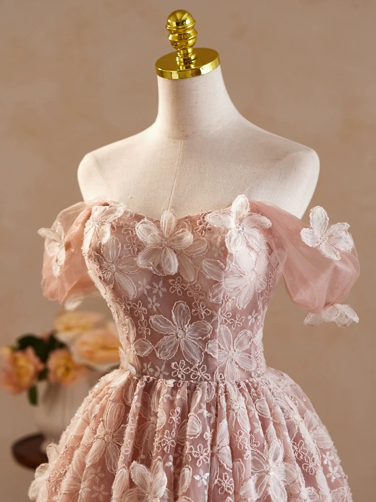 Retro Pink Applique Off-the-shoulder Design A-line Tulle Party Dress Homecoming Dress TP4068