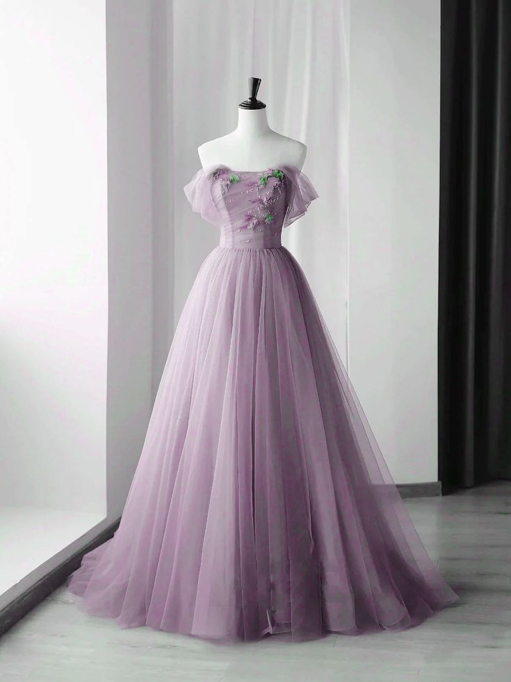 A-line Off-the-shoulder Appliques Tulle Long Evening Dress Prom Dress SH1653