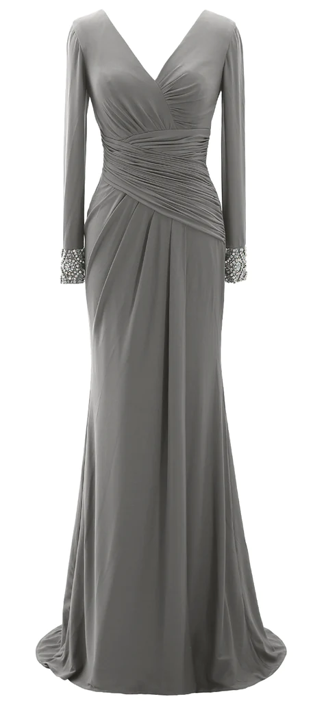 Vestidos largos de madre de la novia para mujer, vestido de noche verde gris con manga larga y cuello en V