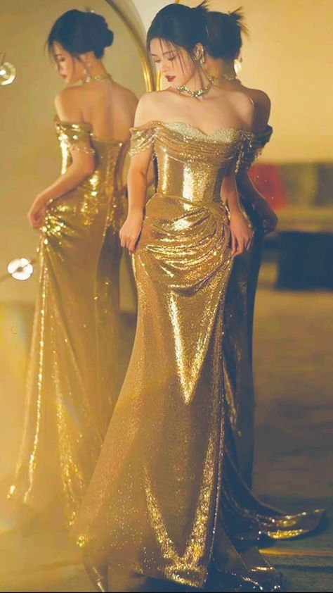 Beautiful Gold Sequin Beaded Evening Dress Off The Shoulder Long Mermaid Prom Dress S209
