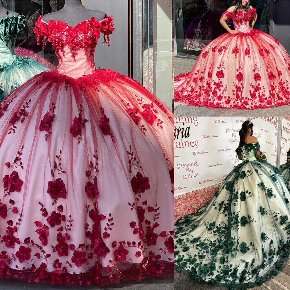 Red Off The Shoulder 3D Flowers Sweet 16 Party Dress Quinceanera Dresses SH822