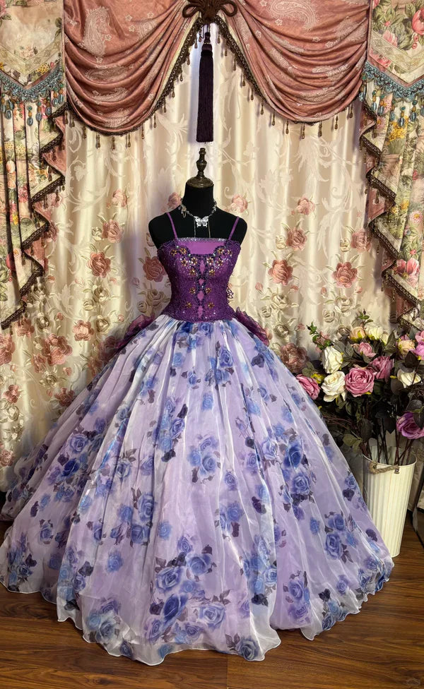 Hermoso vestido de noche de quinceañera con tirantes finos de gasa y flores lilas, corte A, TP4284