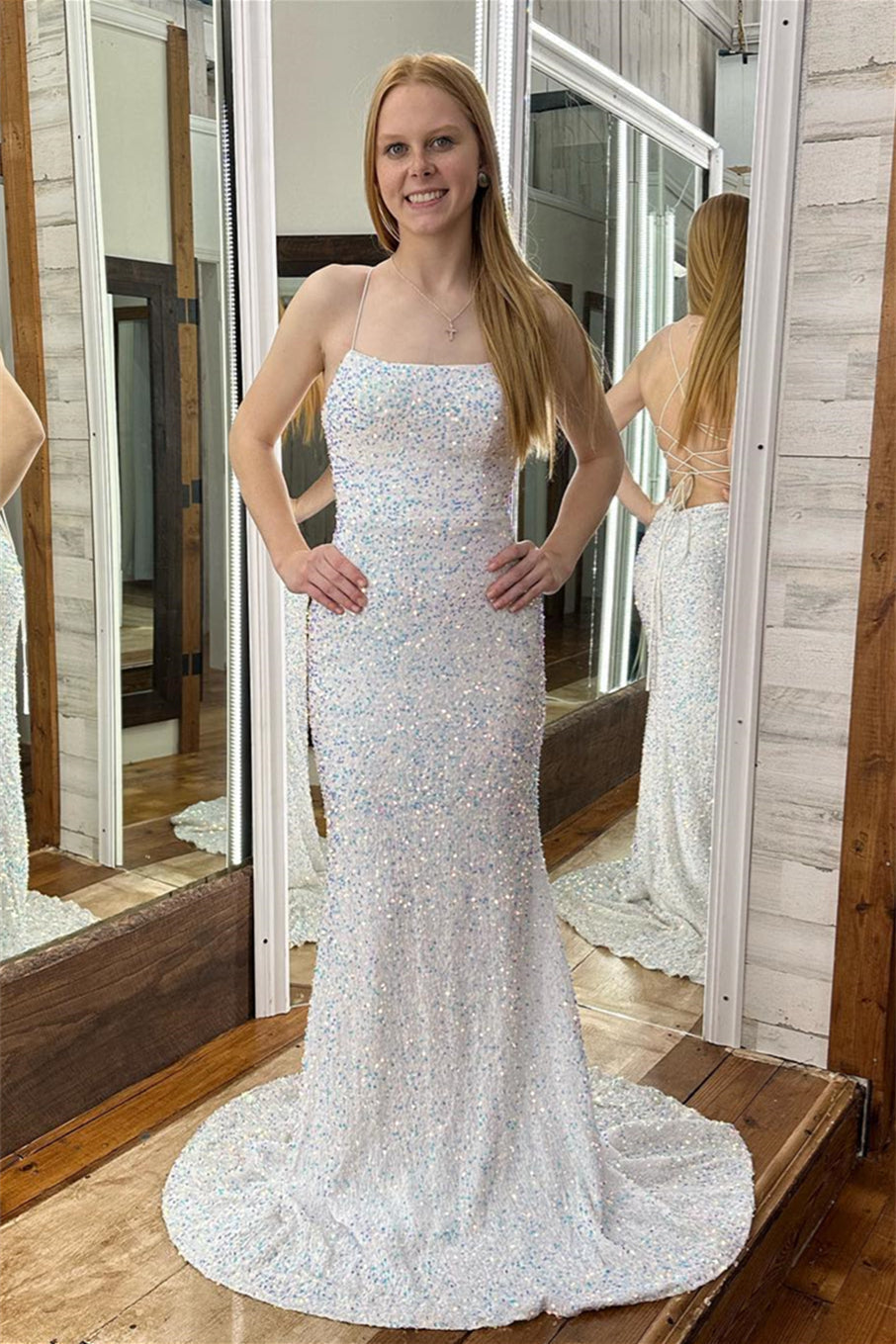 Vestido de fiesta largo de sirena blanco con lentejuelas y espalda con cordones, vestido formal con lentejuelas