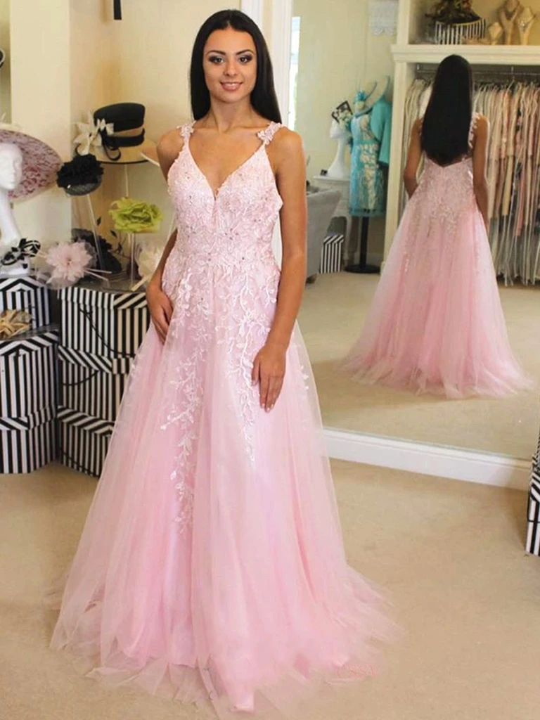 Vestidos de fiesta largos de encaje rosa con escote en V y corte A, vestidos formales largos de encaje rosa, vestidos de noche de encaje rosa