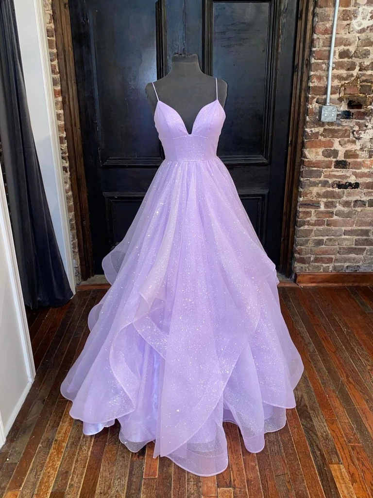 Vestidos de fiesta largos morados brillantes con escote en V y corte A, vestidos de noche formales morados brillantes con escote en V