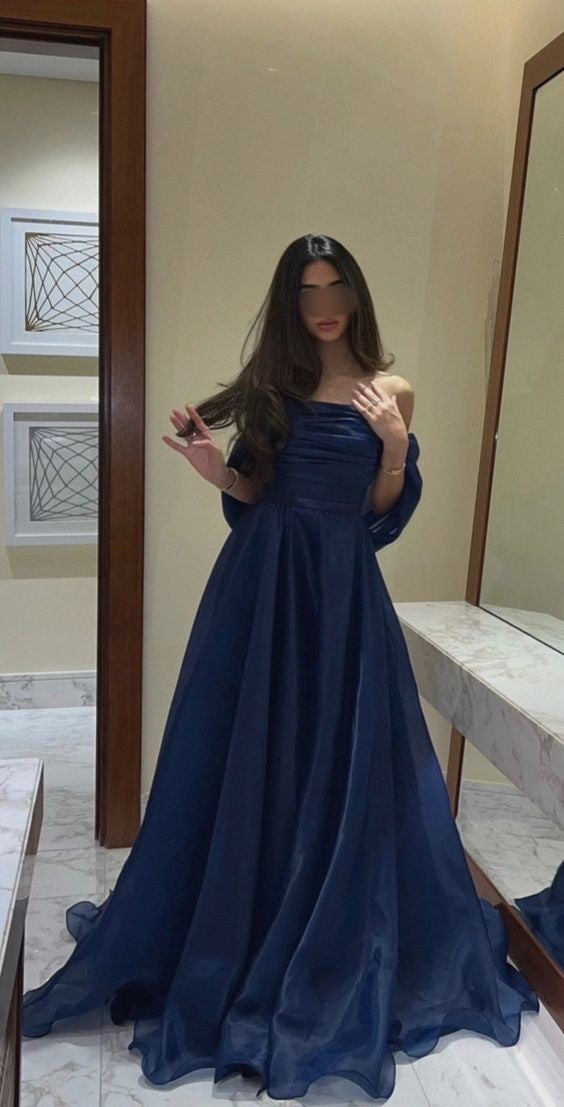 Vestido de fiesta de organza azul marino con corte A para fiestas