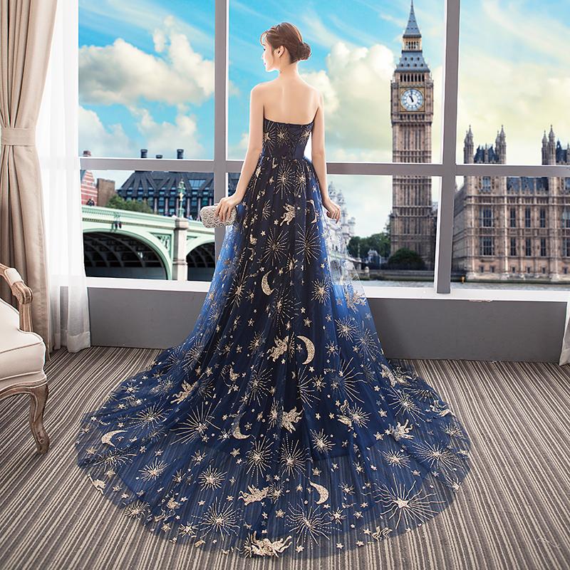 Navy Blue Tulle Mesh Long Off Shoulder Formal Dress, Blue New Style Party Dress Prom Dress KS3594