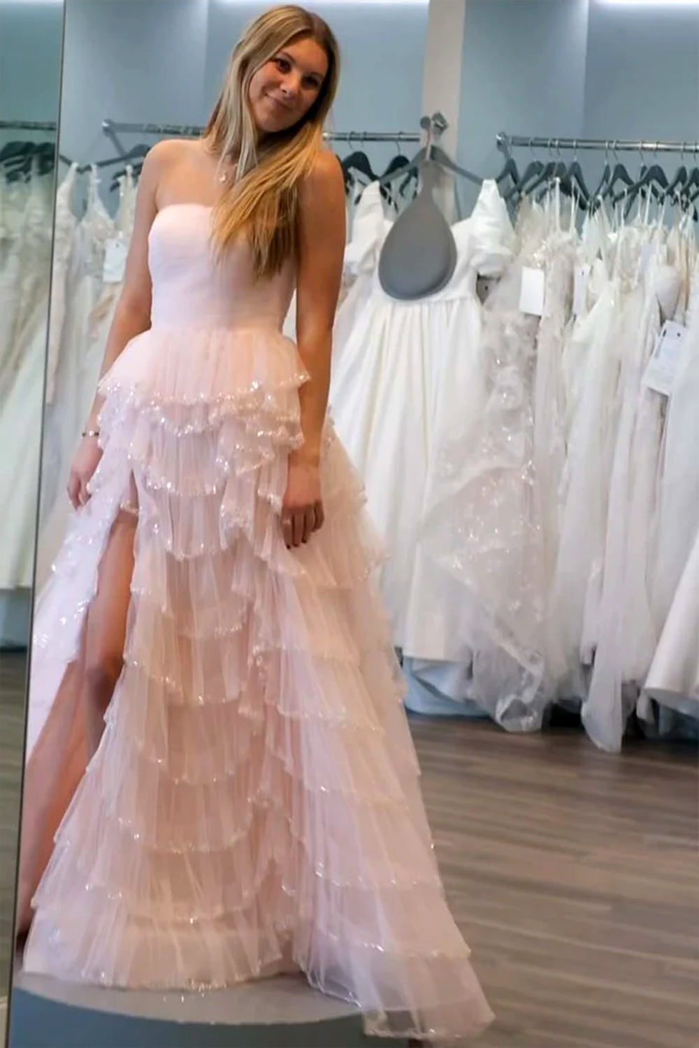 A Line Strapless Glitter Tulle Prom Dress with Layered Ruffle Skirt and Sequin Trim