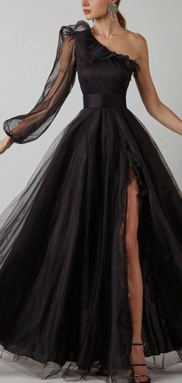 Vestidos de fiesta formales largos elegantes de corte A negros con un solo hombro