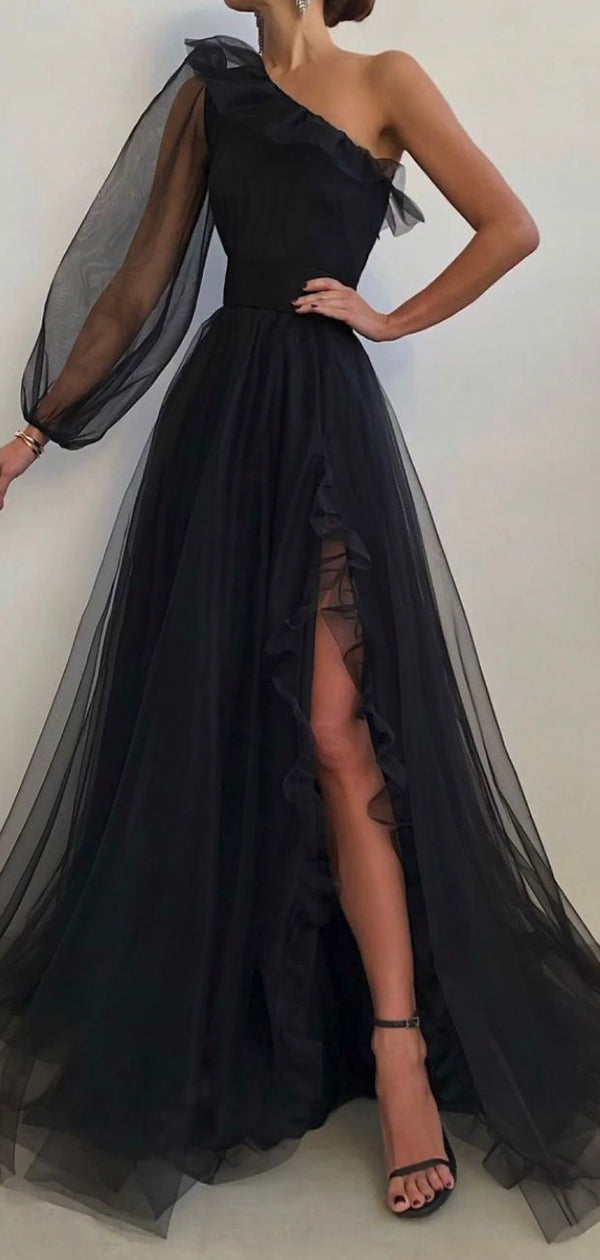 Vestidos de fiesta formales largos elegantes de corte A negros con un solo hombro