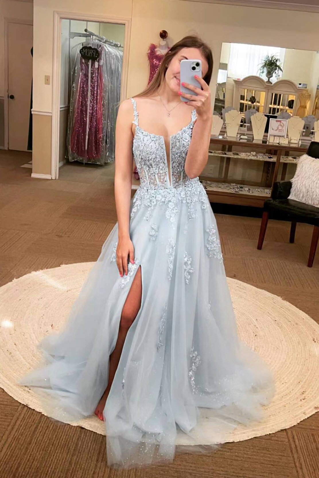 A-line Pink Lace Appliques Prom Dresses, Shiny Slit Long Graduation Gown GP641