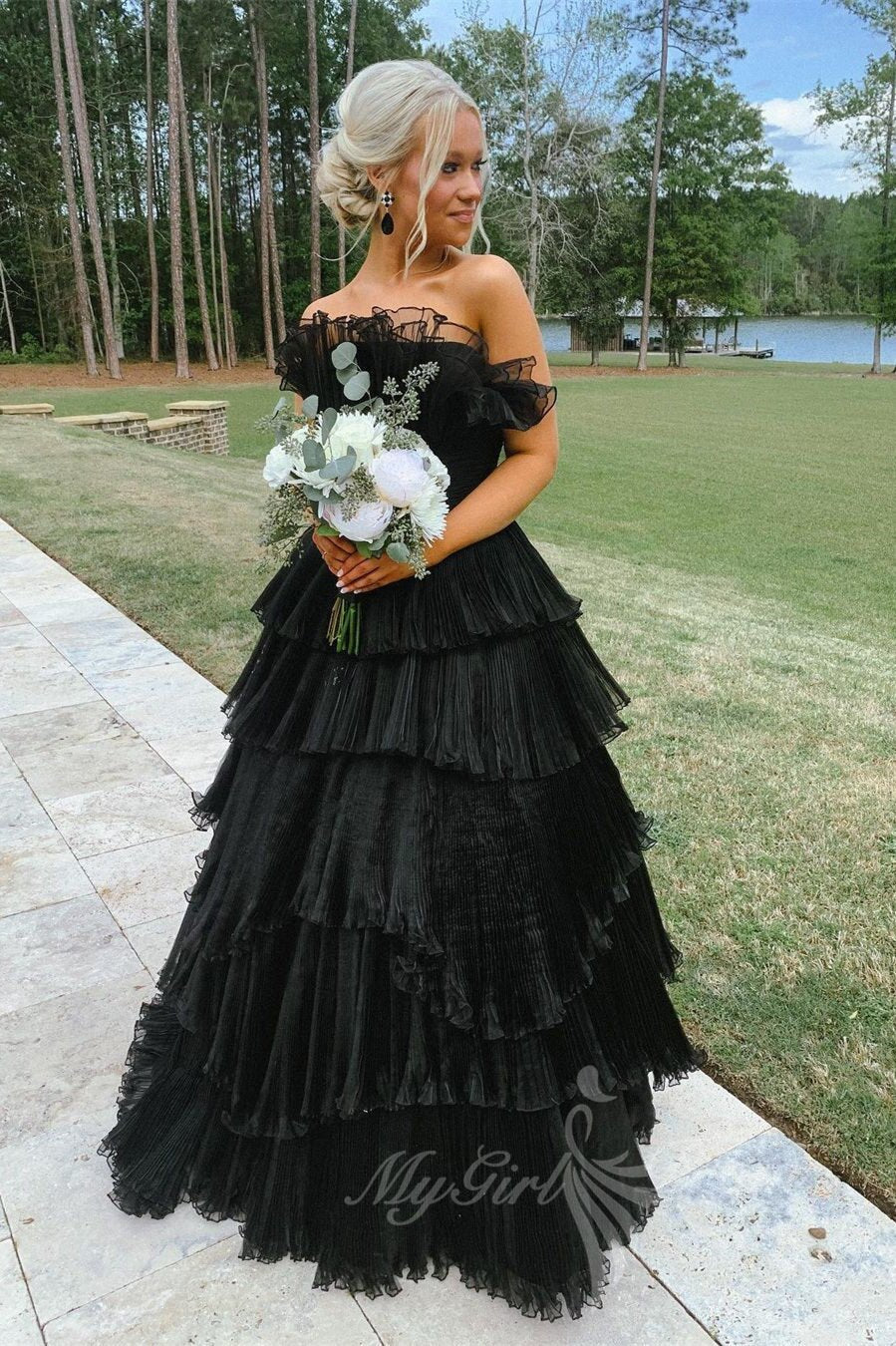 A-line Ruffles Black Tulle Long Prom Dresses, Layered Formal Gown GP518