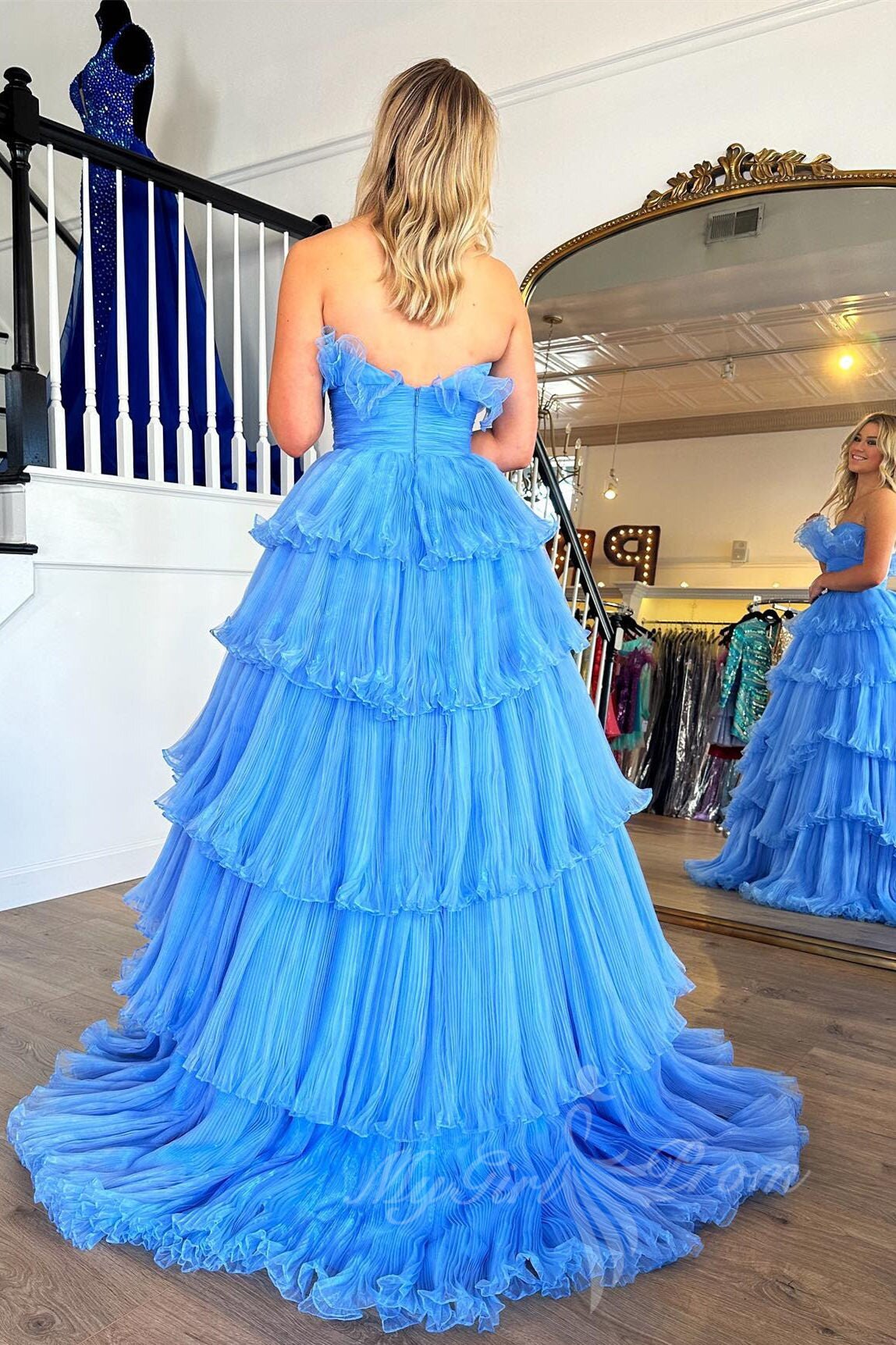 A-line Ruffles Black Tulle Long Prom Dresses, Layered Formal Gown GP518