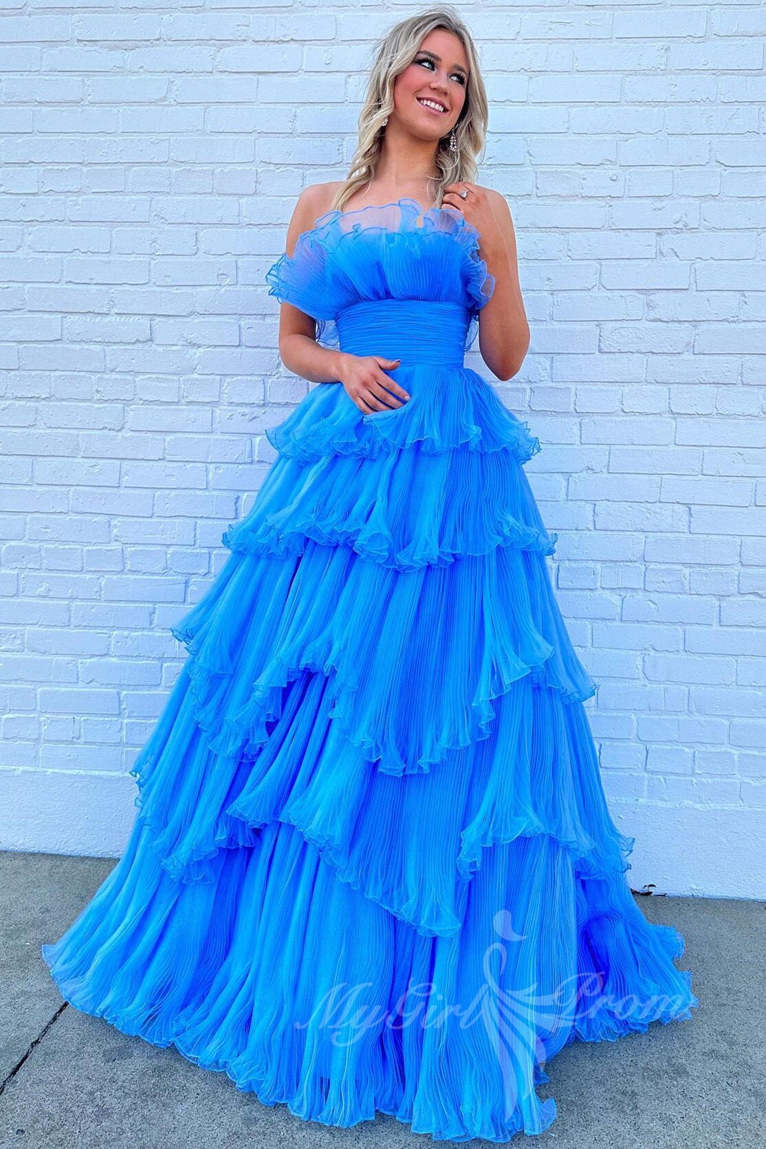 A-line Ruffles Black Tulle Long Prom Dresses, Layered Formal Gown GP518
