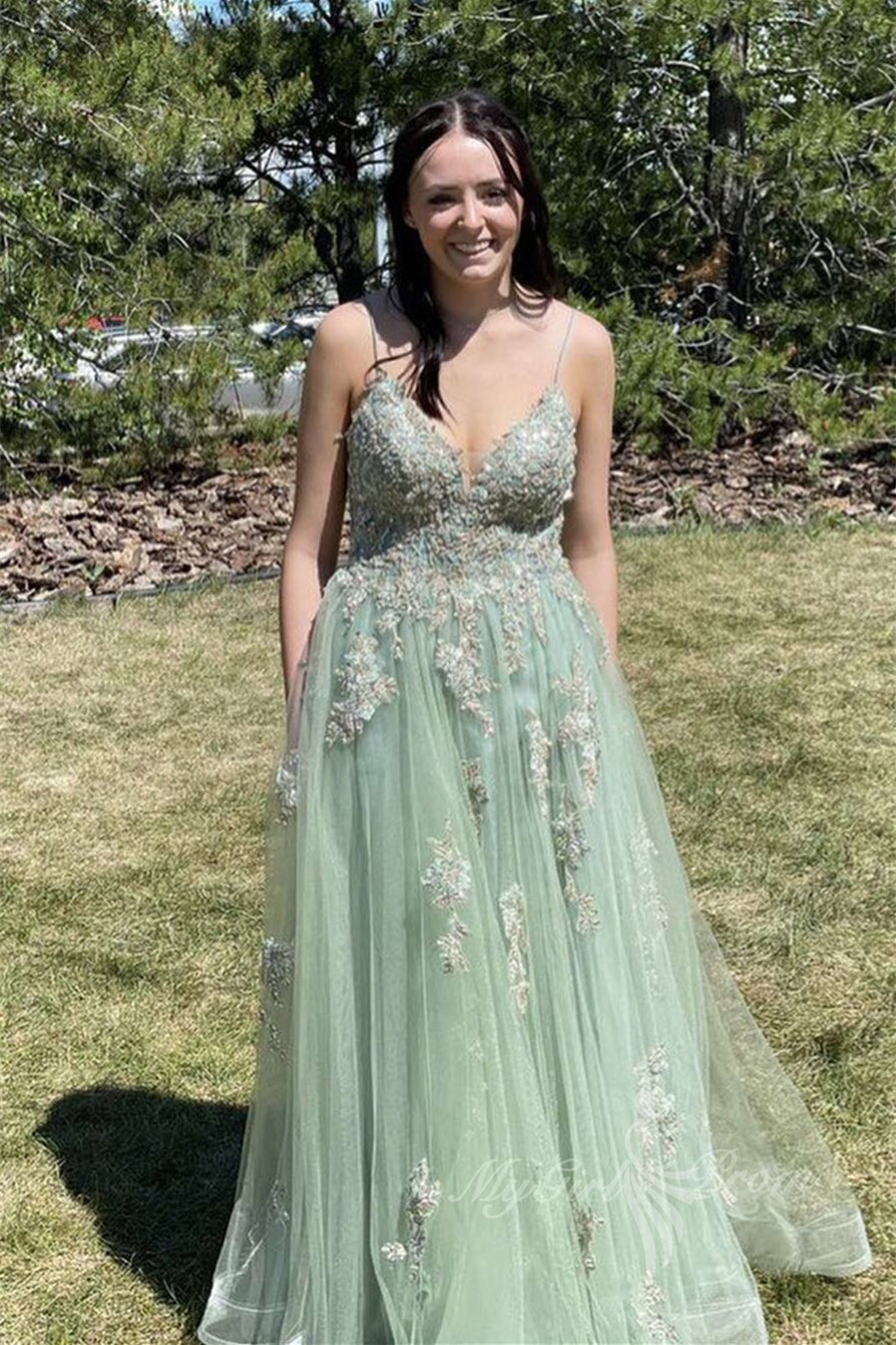 A-line Sleeveless Appliques Green Long Prom Dress, Slit Graduation Gown GP476