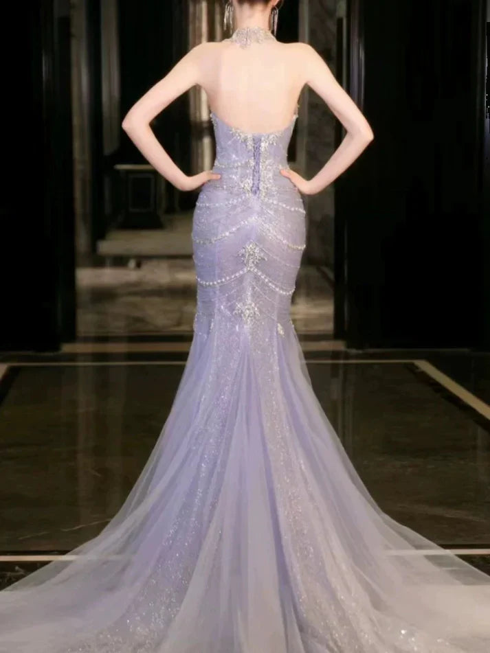 Blue gorgeous shiny beautiful off-shoulder exquisite beading long tulle mermaid slim fishtail skirt ball gown formal evening gown wedding dress gh3559